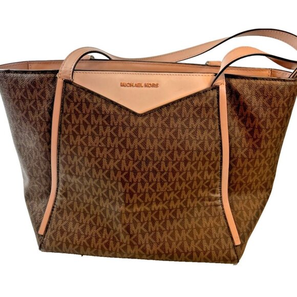 Michael Kors Tote Bag Brown Logo Print Leather Trim Style 30T8TN1T1B Authenticat - Picture 1 of 16